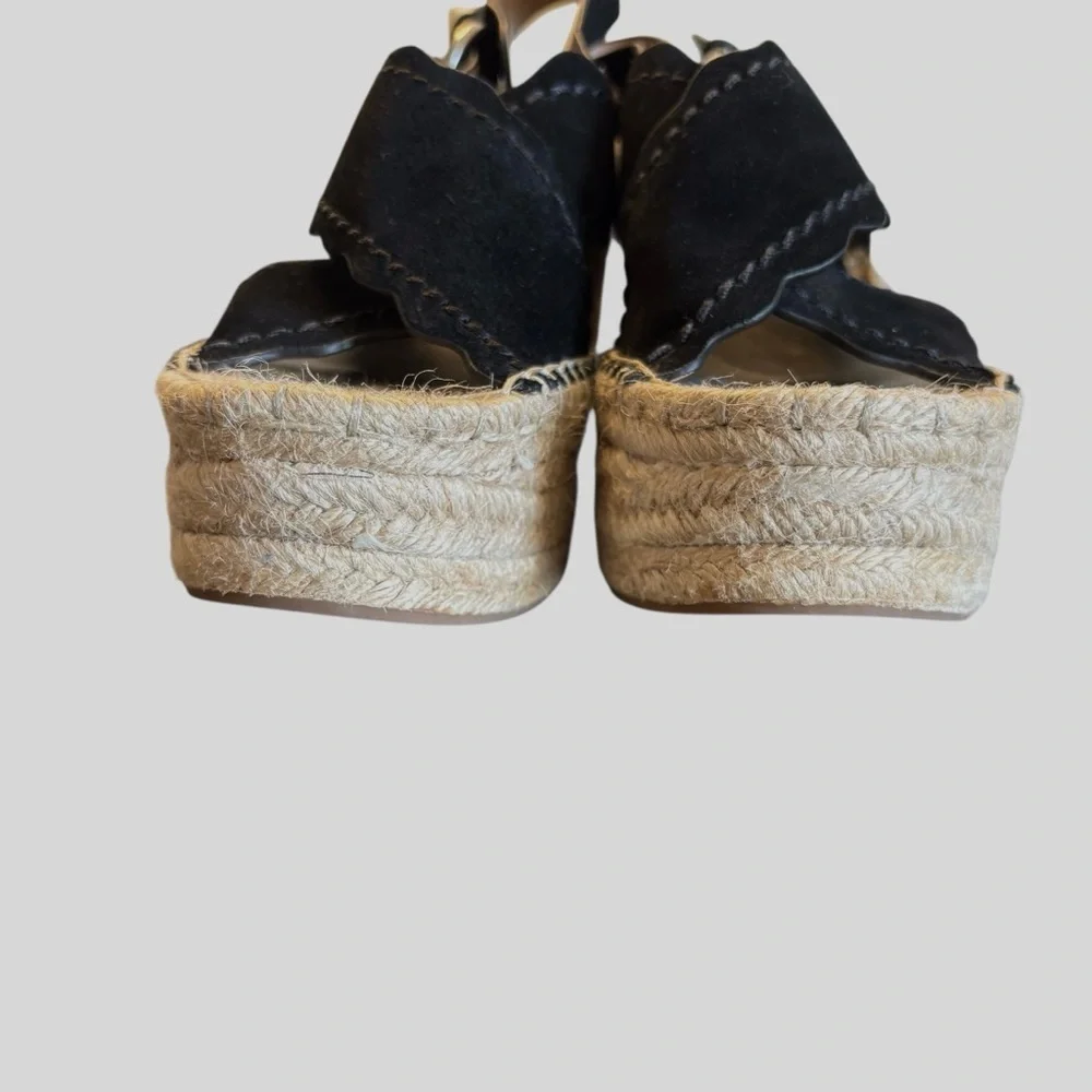 Marc Fisher Mlaria Black Suede Tan  Espadrille Wedge Platform Sandals